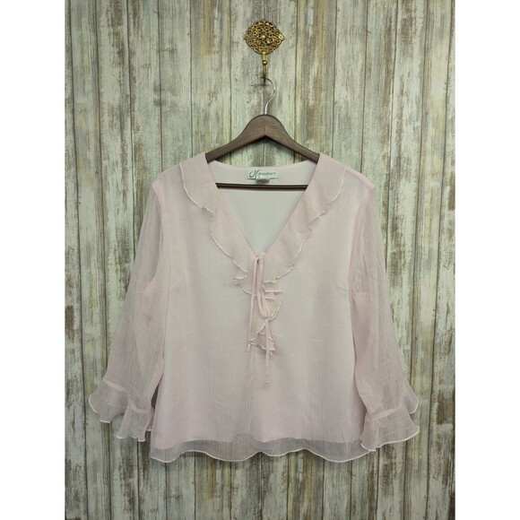 Vintage Y2K DressBarn Light Pink Ruffle Blouse Sheer Fairy Top Frilly Large - Picture 1 of 9